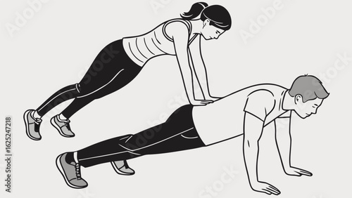 Yoga illustration of a man and woman in four-limbed staff pose getting ready for push-up exercise shown in vector form.