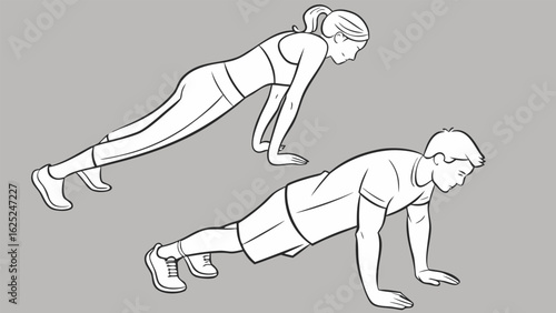 Man and woman performing yoga in four-limbed staff pose preparing for a push-up exercise shown in detailed vector style.