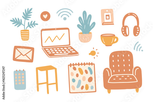 Workplace doodle vector illustration: a cozy collection of work-from-home essentials in a charming illustration, perfect for adding a touch of warmth to your creative projects.