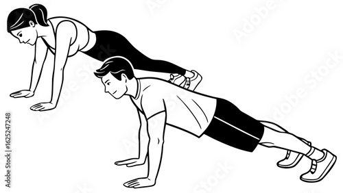 Man and woman in four-limbed staff pose preparing for push-up exercise depicted in vector style on a clean background.