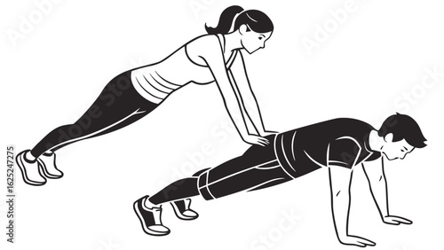 Illustration of a man and woman in four-limbed staff pose preparing for push-up exercise in vector form.