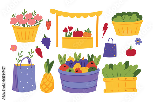 Fresh Harvest Market: A vibrant illustration showcasing an array of fresh produce and flowers displayed at a farmers market. Evoking the lively atmosphere of a market.