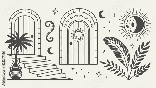 retro beach surf triptych illustration with paradise club make waves logo isolated on white background.