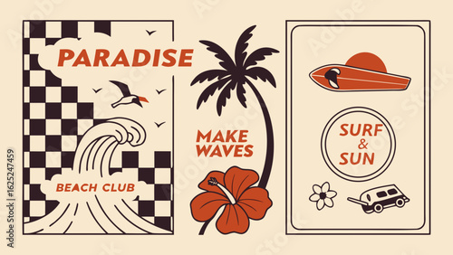 vintage tropical surf poster collection retro summer beach paradise palm tree checkered design elements