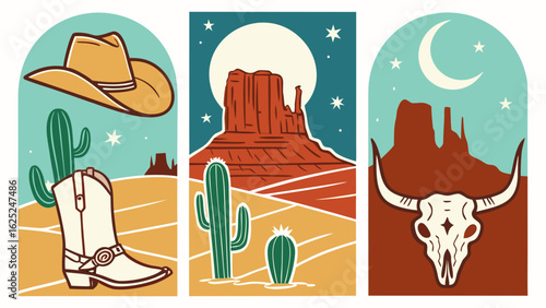 vintage cartoon western triptych with cowboy hat boots cacti moon and skull