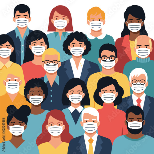 Diverse group of people wearing protective face coverings during a public health crisis event