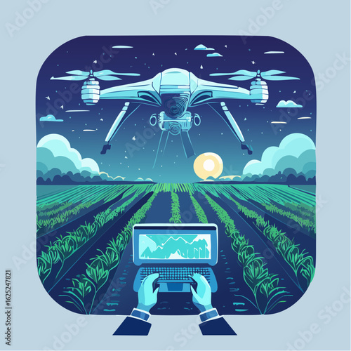 Operator Monitoring Nighttime Drone Crop Scan Modern Farming on Fields – Tech Futuristic Vector Scene