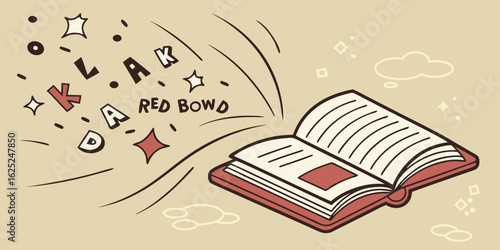 open book illustration with flying musical notes letters words creative storytelling literature education design