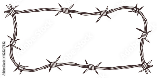 barbed wire frame border design line art illustration security fence western rustic decorative element outline isolated on white background.