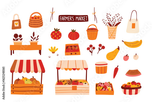 Vibrant Farmers Market Scene: A colorful illustration of a farmers market showcases fresh produce, artisan goods, and inviting stalls, perfect for a charming and wholesome scene.