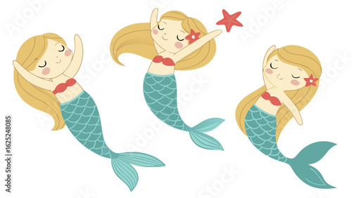 three adorable cartoon mermaids in playful poses with starfish and floral hair accents isolated on white background.
