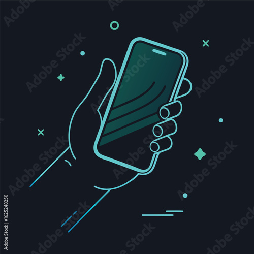Stylish, minimalist illustration of a hand holding a smartphone.