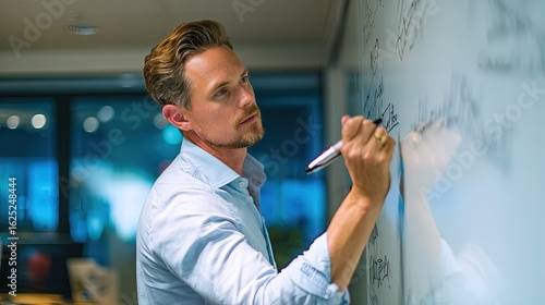 Seminar whiteboard and man in office for training productivity and discussion for development