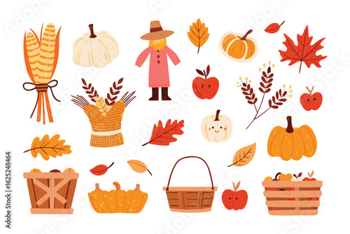Autumn Harvest Collection: A charming, illustrative collection of autumn elements, including ripe pumpkins, fresh apples, fallen leaves, woven baskets, and a friendly scarecrow.