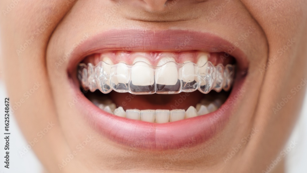 Fototapeta premium Close-up of clear dental aligners on caucasian female adult teeth