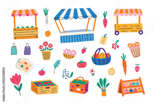 Vibrant Market Stall Illustration: A delightful and colorful illustration showcasing various market stalls with a collection of fresh produce.