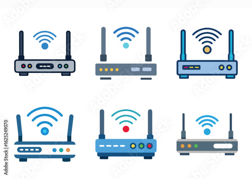 Collection of Vector Illustration Wireless Router Devices in Various Styles