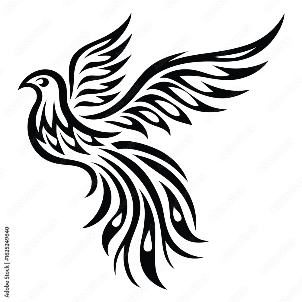 Obraz premium Black ornate dove gracefully takes flight, displaying uniquely stylized tribal wing feathers on white