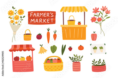Freshness on Display: A charming illustration showcasing the vibrant sights and abundance of a farmer's market, featuring fresh produce, colorful flowers, and inviting stalls.