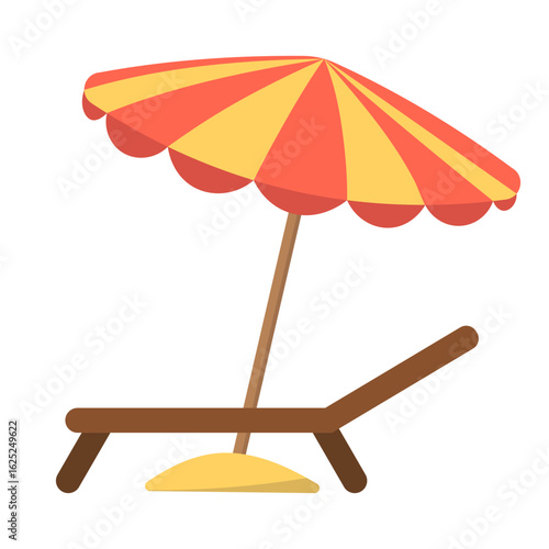 Beach Chair with Umbrella Vector Illustration. A cozy wooden beach lounger paired with a large, colorful beach umbrella. The umbrella positioned in a pile of soft yellow sand.