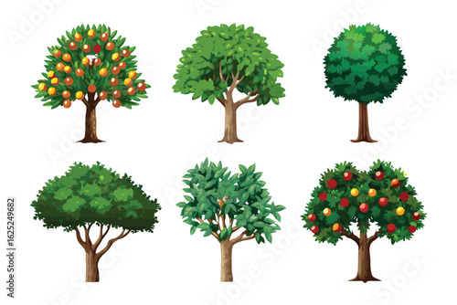 Diverse Tree Varieties: Showcasing a vibrant array of trees, each with unique characteristics, from lush green foliage to bearing delicious fruits. A celebration of nature's diversity.