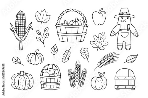 Autumn Harvest Bounty: Hand-drawn monochrome illustration celebrating the harvest season, showcasing an assortment of seasonal elements in charming detail.