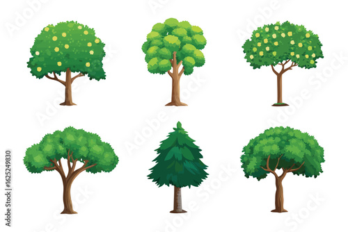 Diversity of Trees: A vibrant illustration showcases a variety of trees, each with unique forms and lush foliage, presenting a visual celebration of the earth's arboreal diversity.