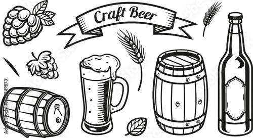 Beer sketch set. Flat vector drink is sitting in glass with ice, citrus slices, garnishes on transparent background. a detailed vintage-style vector illustration of assorted cocktail and drink glasses