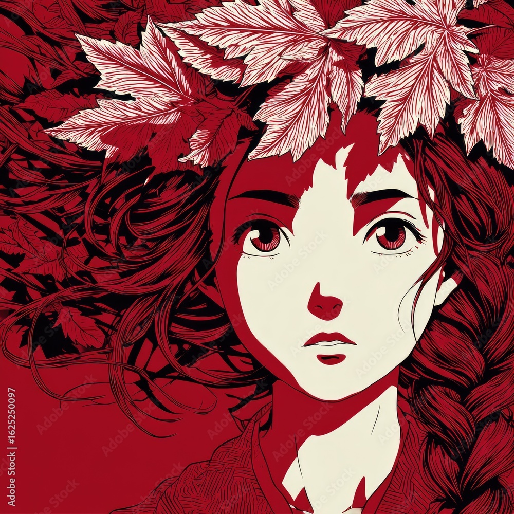 A girl with crimson hair and leaves A girl with crimson hair and leaves