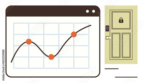 Chart tracking growth on browser window beside secure locked door keypad access. Ideal for data security, business growth, analytics, cybersecurity, digital protection, innovation, simple landing