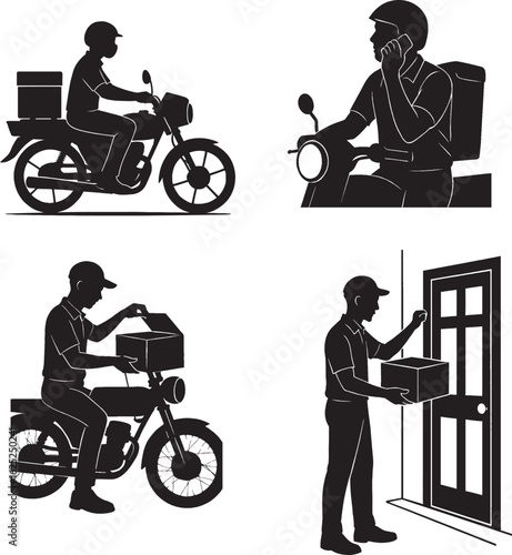 Delivery Boy on Bike Knocking Door with Parcel,Delivery boy open the Parcel,Black and white silhouette 