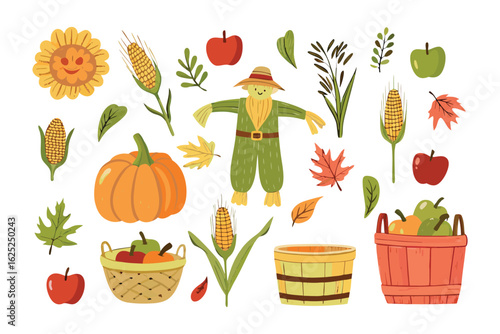 Autumn Harvest Illustration: A vibrant and joyful illustration showcases a collection of autumn harvest elements. This scene is full of seasonal bounty, including a cheerful scarecrow, plump pumpkin.