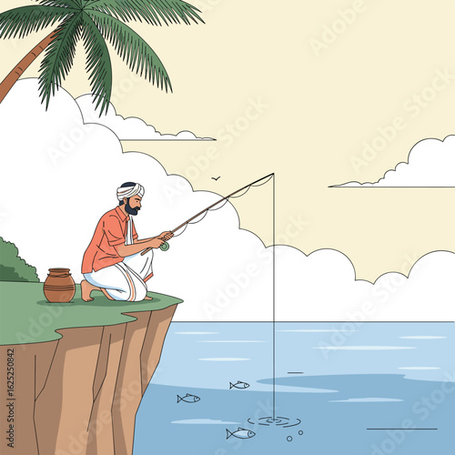 Fisherman patiently waiting for a catch by the cliffside overlooking the ocean horizon