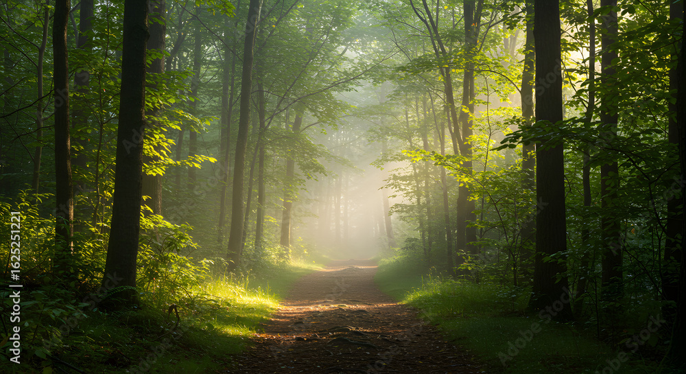 Fototapeta premium Serene Forest Path in Early Morning Light