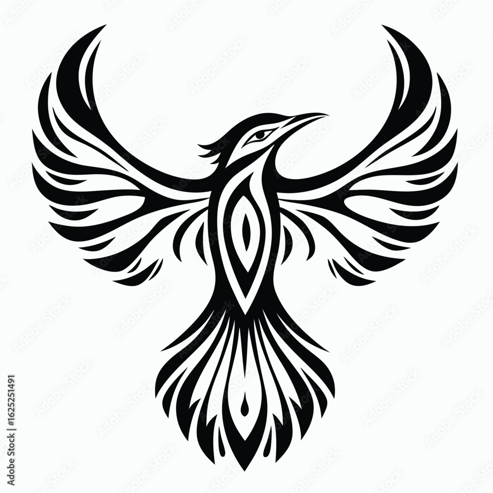Fototapeta premium A stylized phoenix soars with bold black lines and elegantly spread wings