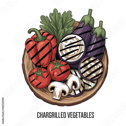 Chargrilled vegetable set with bell peppers, tomatoes, eggplant, mushrooms, zucchini on wooden platter black and white vector