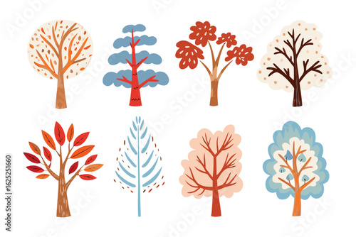 Diverse Tree Collection: A vibrant collection of trees in varied styles, perfect for illustrating the essence of nature and seasons, meticulously crafted for your design needs.