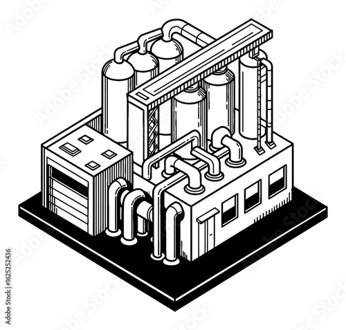 Industrial Building Isometric View Black and White Outline Line Art Drawing of Factory Plant
