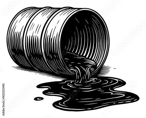 Oil Barrel Spilled Out Dark Liquid Forming Puddle Horizontal Position Black and White Outline Line Art Drawing
