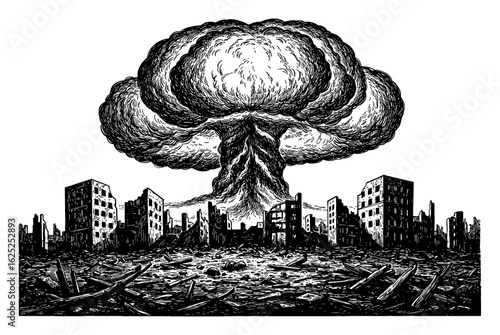 Devastating Nuclear Explosion Mushroom Cloud Over a Ruined City Apocalyptic Scene Black and White Outline Line Art Drawing