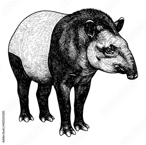 Detailed Malayan Tapir Black and White Outline Line Art Drawing Vintage Engraving Style Animal Illustration