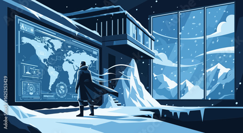 Futuristic Winter Analysis Standing Before Global Display In Modern Headquarters