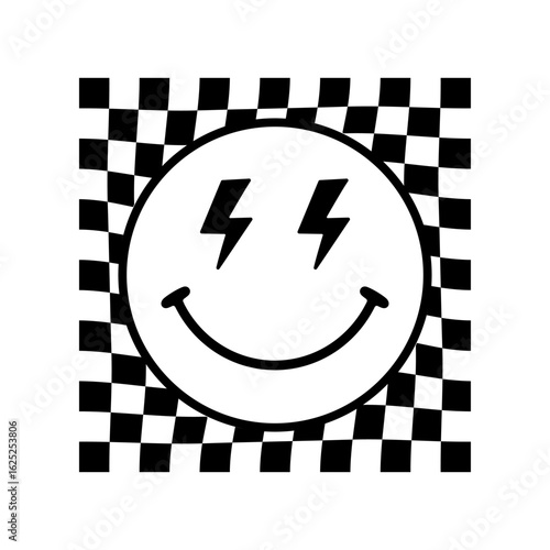 Checkered Pattern Smiley Face with Lightning Bolt Eyes