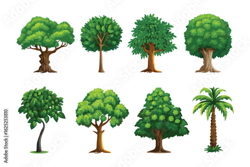 Diverse Tree Collection: A vibrant collection of diverse tree illustrations, perfect for environmental, nature, or landscape-themed projects.