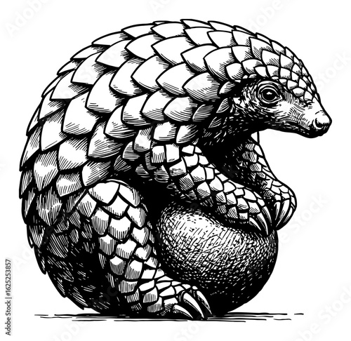 Pangolin Curled into a Defensive Ball in Highly Detailed Vintage Black and White Outline Line Art Drawing