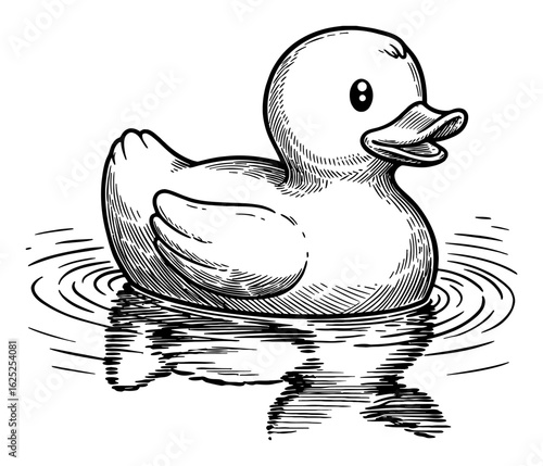 Rubber Duck Floating on Water with Ripples Black and White Outline Line Art Drawing Illustration Vintage Style