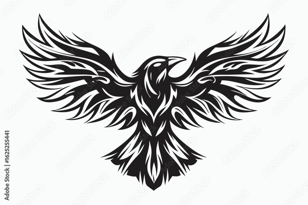 Fototapeta premium Black raven spreads its stylized patterned wings against a white plain background