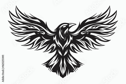 Black raven spreads its stylized patterned wings against a white plain background