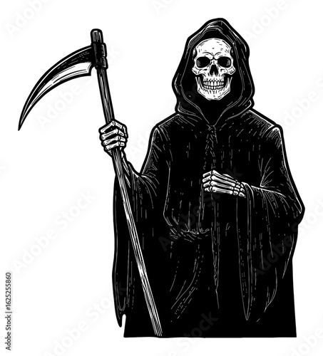 Standing Grim Reaper with Skull Face Wearing Black Robe Full Shot Black and White Outline Line Art Drawing