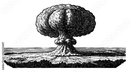 Terrifying Nuclear Explosion Mushroom Cloud on Land Vintage Black and White Outline Line Art Drawing